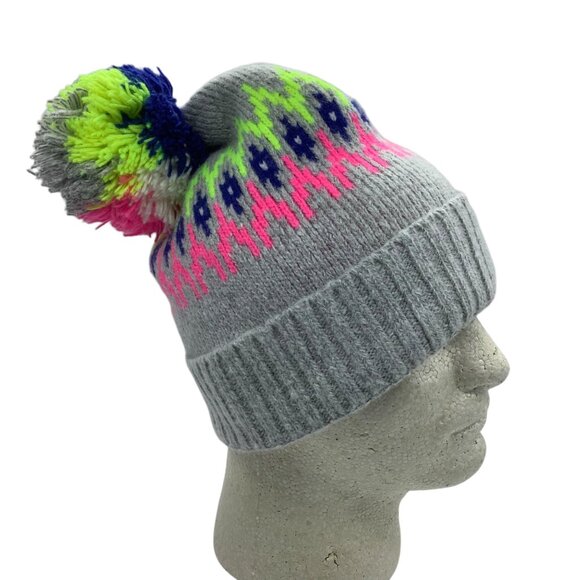 Aeropostale Gray Knit Pom Beanie Hat Neon Pink Green Fair Isle Pattern NWOT - Picture 1 of 6